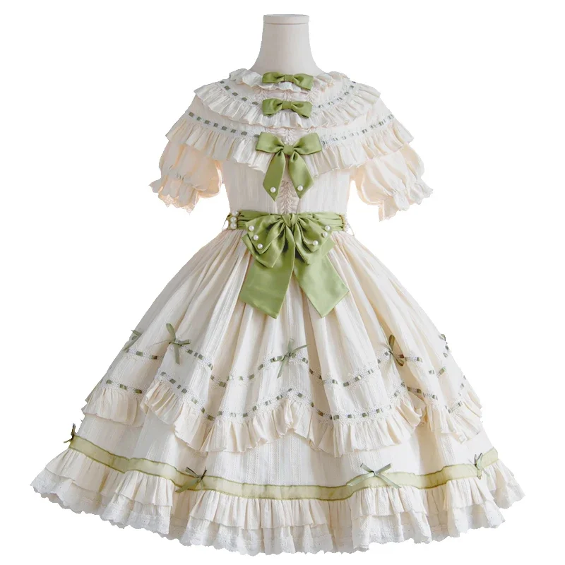 Original Lolita Dress Women's Cute Sweet Retro High Waist Elegant Tea Party Dress Lady Bow Ruffles Edge Short Sleeve Dress 2024