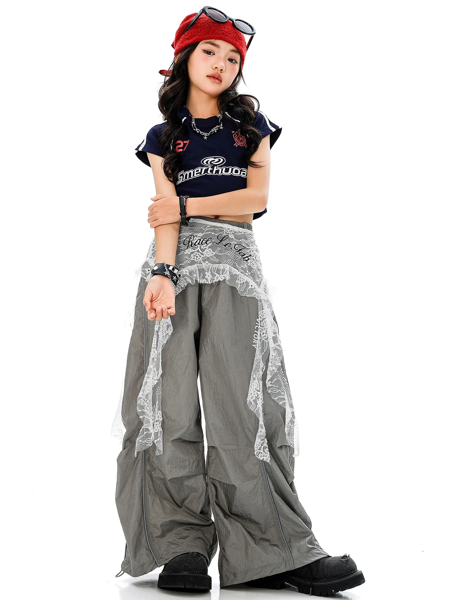 New Girls Hiphop Suit Jazz Dance Team Performance Clothes Short Sleeve Black Crop Top Pants Street Dance Costumes Wear DQL11200