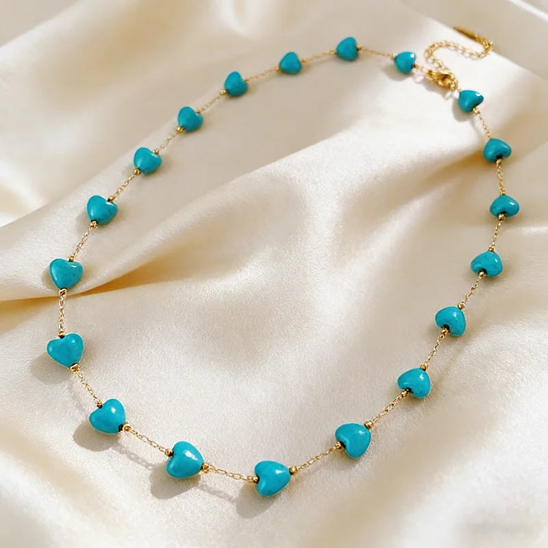Retro Türkis Herzförmige Edelstahl-Halskette in Goldfarbe für Damen, Sexy Choker Schlüsselbein-Kette Schmuck-Accessoire – Detail 7