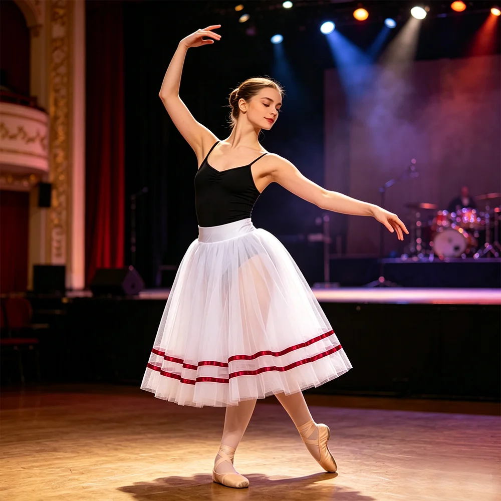 

Elegant White Ballet Costume A-Line Chorus Half Skirt 3 Layer Ribbon Gauze Tulle Skirt & Stage Performance for Women Kids