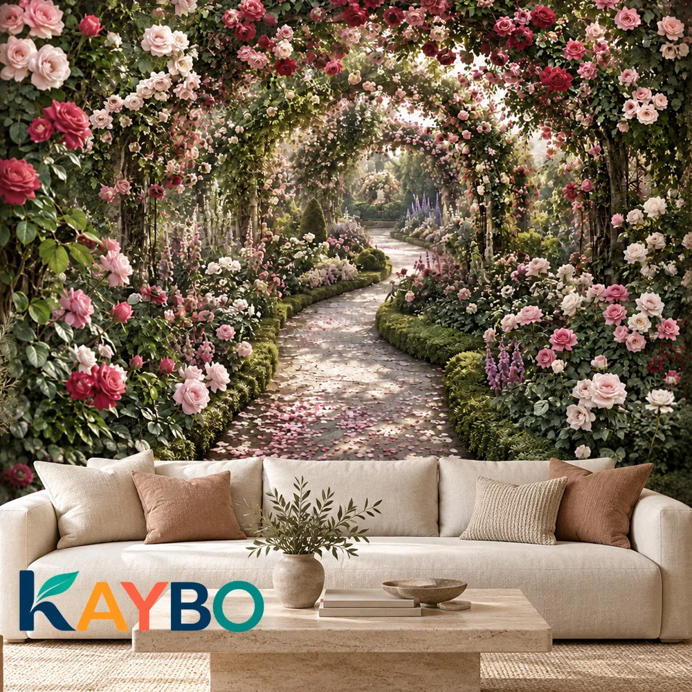 Rose Garden Wall Murals Floral Arch Path Landscape Wallpaper Non Self Adhesive Living Room Bedroom Romantic Botanical Wall Decor
