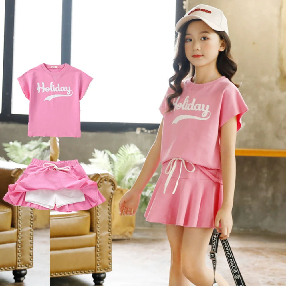 New Summer Girls Tennis Tracksuit Letters Batwing Holiday T-shirt + Loose Sport Pleated Skirt Teenager Children Set 5 12 Year image 5
