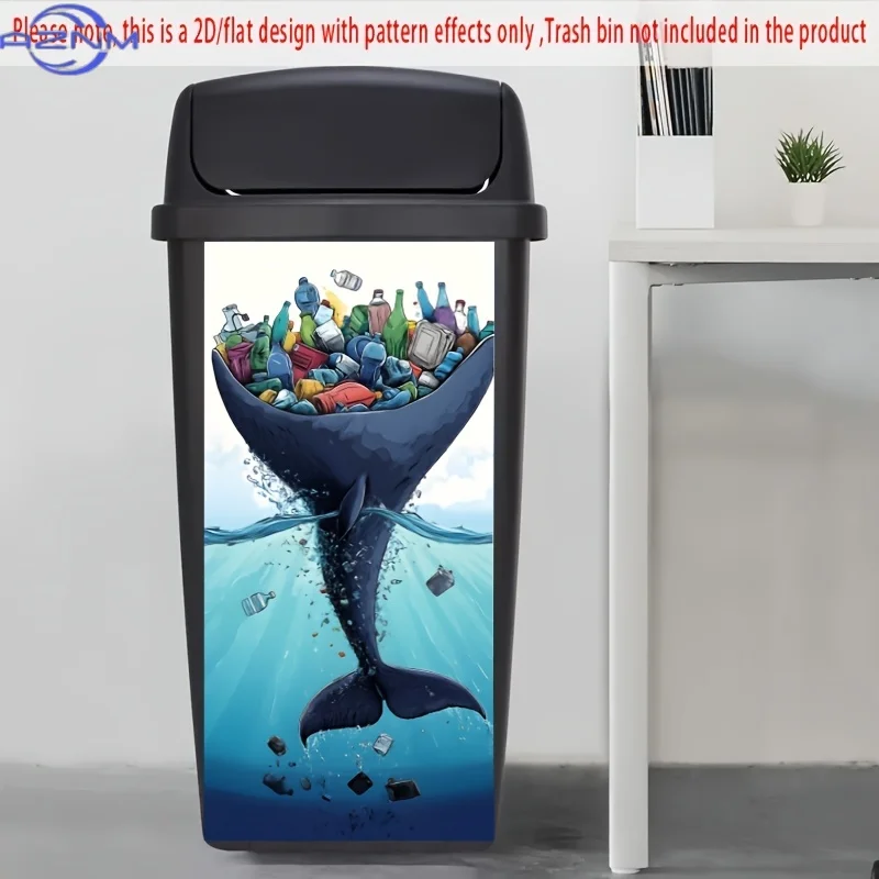 1pc 2D/Flat Trash Can Sticker, Whale Swallowing a Large Amount of Plastic Waste Pattern, Whale, Plastic Waste, Environmental -
