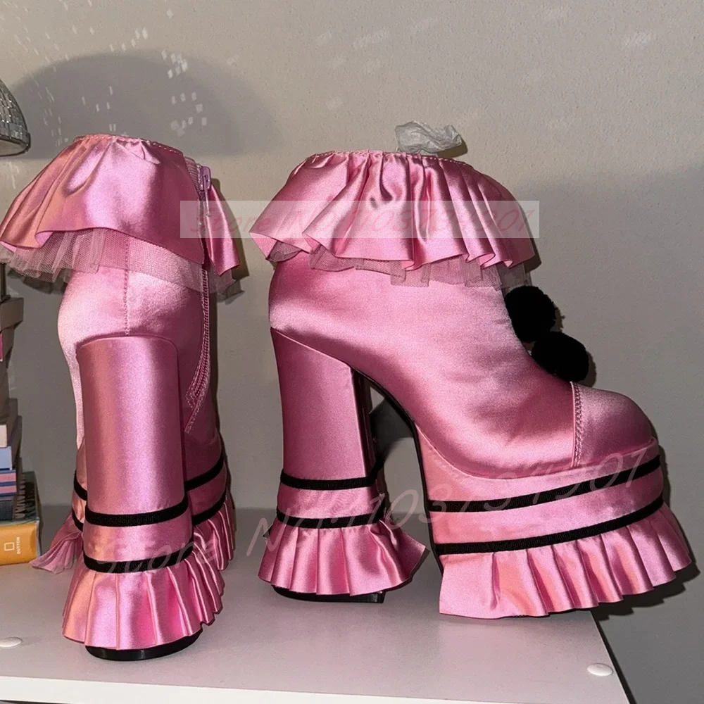 Satin Cake Ruffles Platform Ankle Boots Women Pink Silk Pom Round Toe Chunky Heels Booties Cute Girl Sweet Lolita Shoes