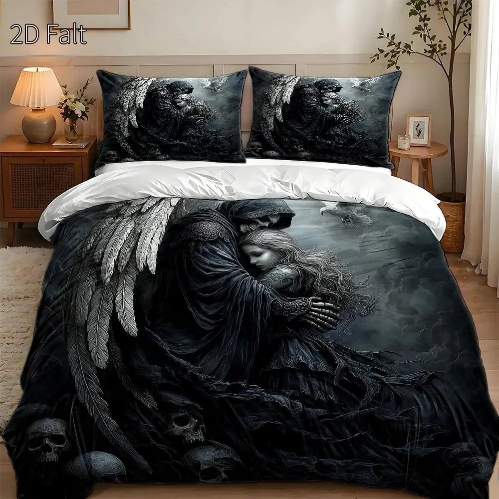 3-Piece Quilt Cover Set, 1 Quilt Cover + 2 Pillowcases (Without Filling), Dark Angel Theme, Dreamy Realistic Style, Halloween, Mysterious, Home Decor, Machine Washable, Suitable for All Seasons, Can Be Used in Home, Dorm, Master Bedroom, Guest Room