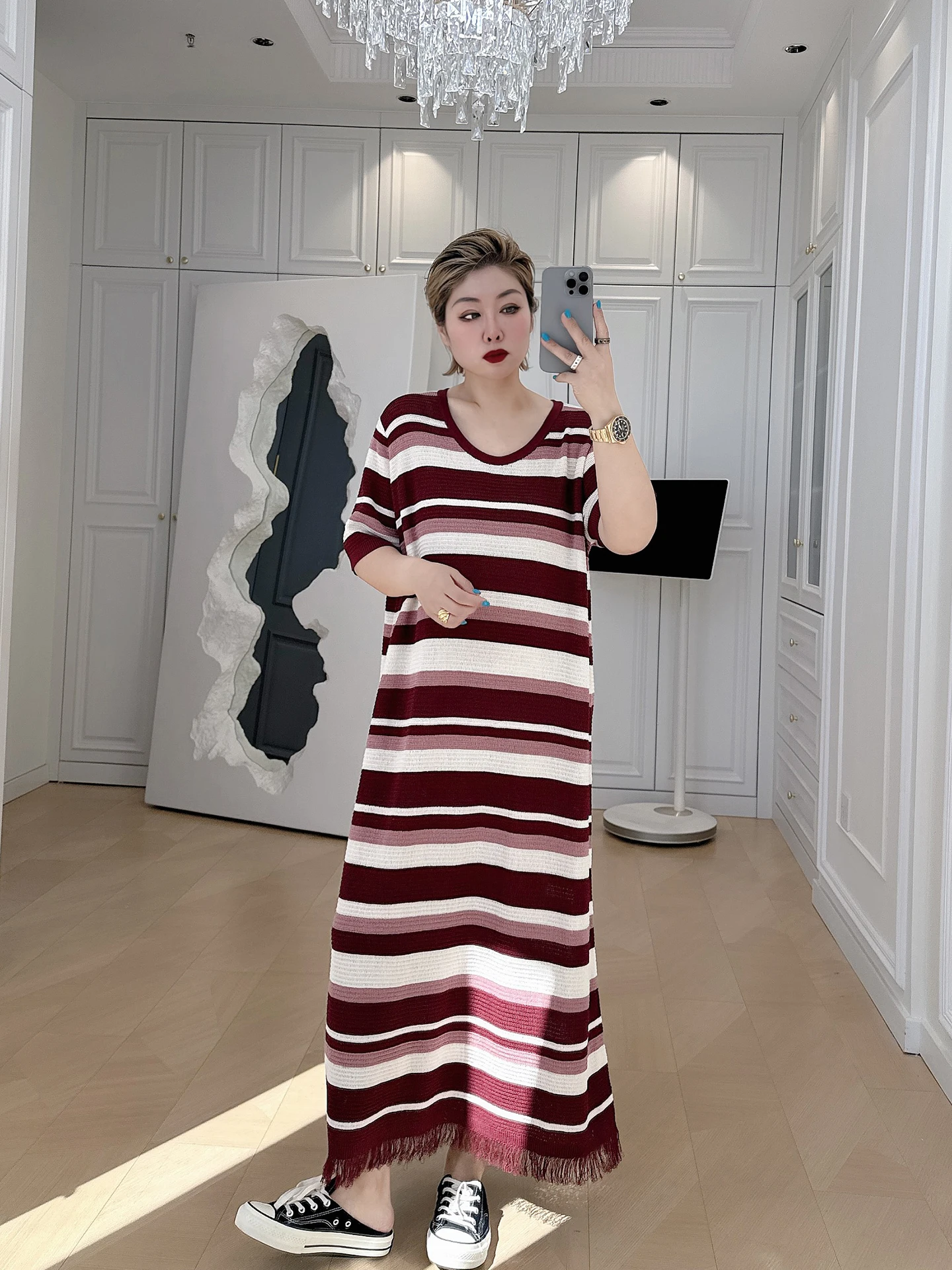 

plus Size Women's Slimming Striped Knitted Short Sleeve Dress Spring Fashion Loose Cover up Tassel Long Skirt Trendy Dress