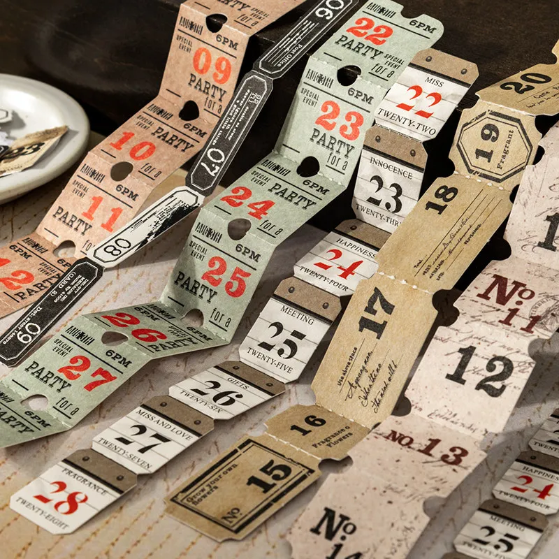 20pcs Retro Calendar Serial Number Long Strip Stickers Date Labels Ticket Design for Journal Collage DIY Crafts No Adhesive