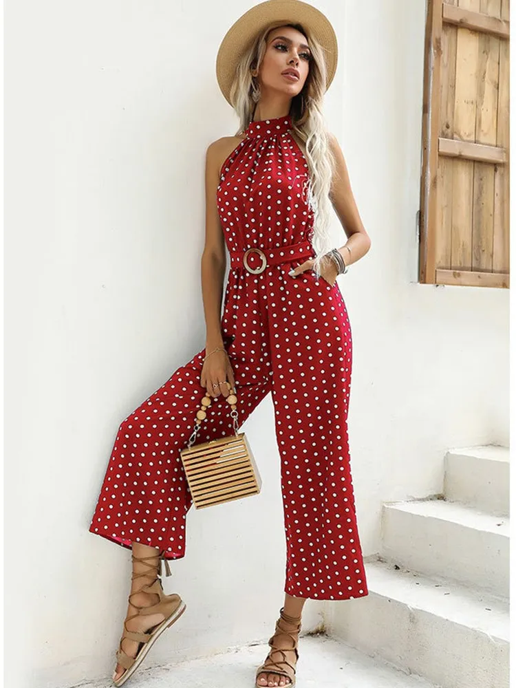 Donne di estate Casual Tuta Moda Elegante Polka Dot Stampa a gamba larga Pagliaccetto lungo Sexy Nero Halter Tuta con cintura Nuovo 2024