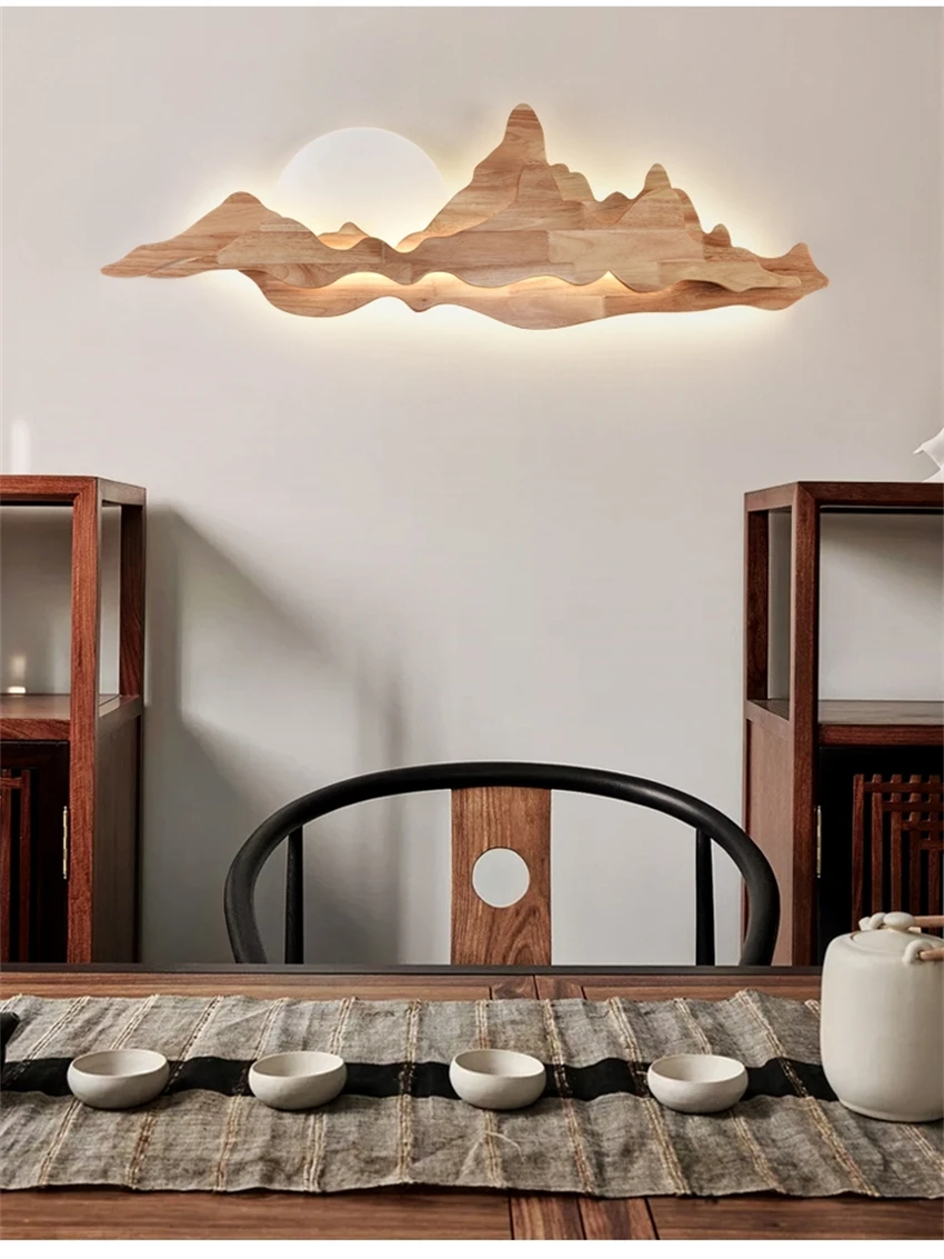 Solid wood moon decorative painting wall lamps Chinese Zen tea room living room wall sconces lights foyer art deco fixtures