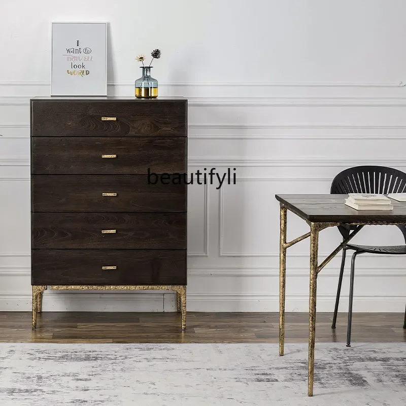 Nordic Solid Wood Chest of Drawers Walnut Sideboard Cabinet Log Living Room Bedroom Storage Locker Simple with Drawer