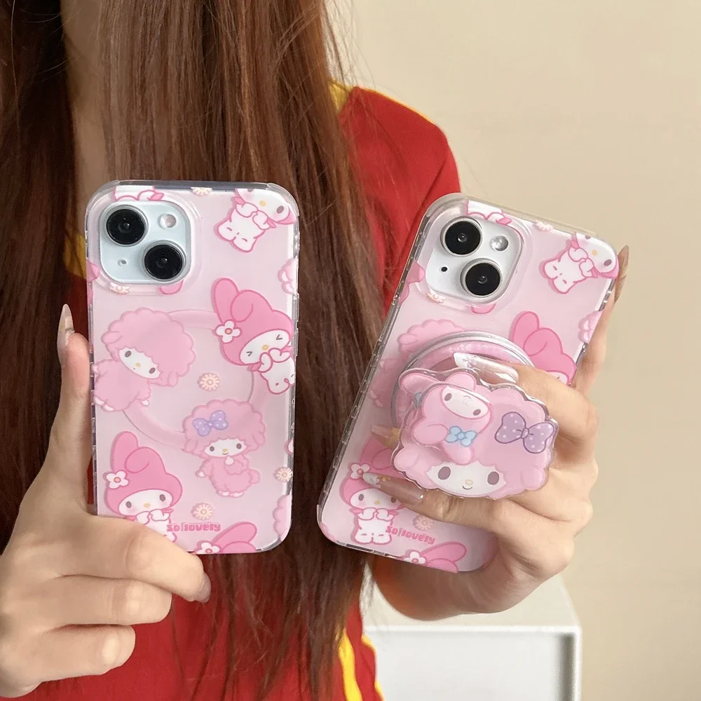 Casing Ponsel Pengisi Daya Nirkabel Magsafe Tempat Pegangan Magnetik Piano My Melody Sanrio Lucu untuk iPhone 16 15 14 13 Pro Max Sampul Keras
