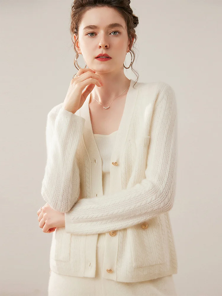 

Chic Luxury Elegant Style Cardigan High Quality Sweater Women's V-Neck 100% Cashmere Knitwear Autumn Winter Soft Hollow Tops