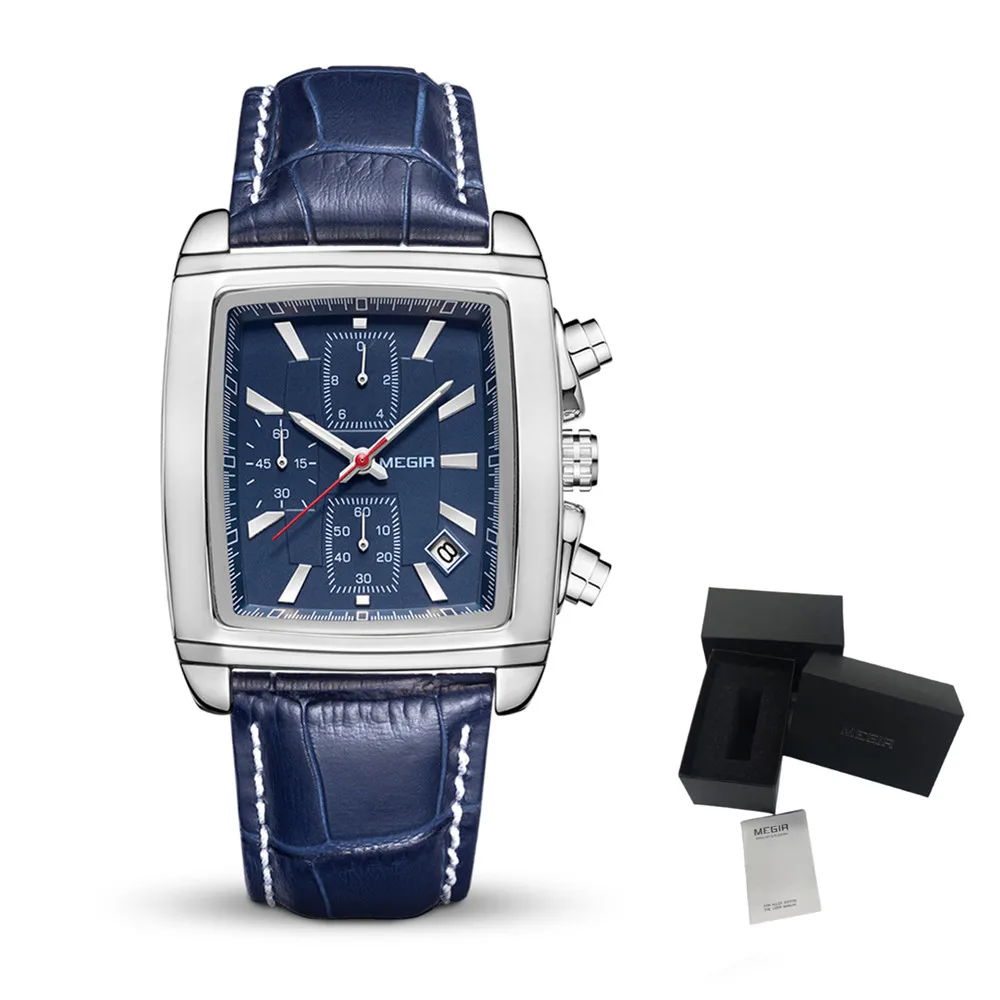 MEGIR Watch Men Business Wristwatch Rectangle Quartz Military Watches Waterproof Luminous Leather Casual Clock Reloj Hombre 2028