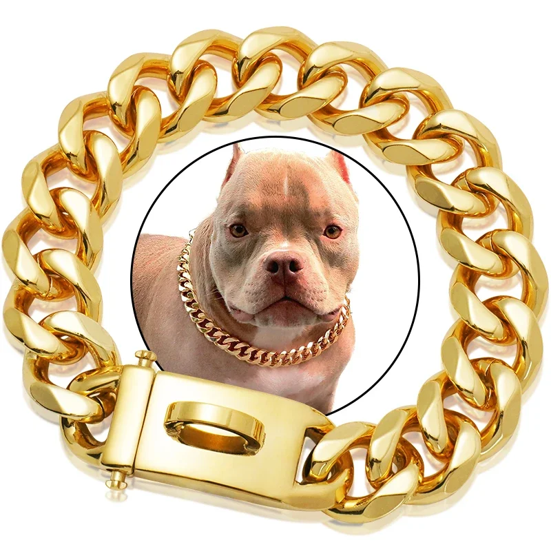 

19mm Gold Chain Dog Collar Luxurious Sliver Gold Cuban Link Dog Collar with Secure Snap Buckle for Medium and Large Pit Bulls