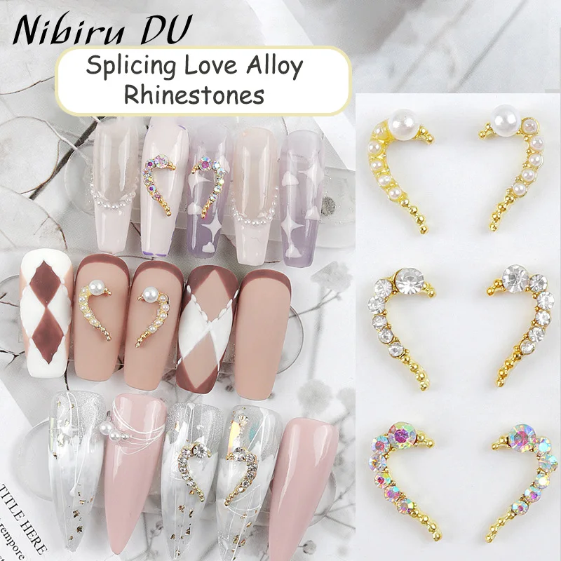

10pcs 3D Nail Art Half Heart Charms Alloy Gold Silver Random Pearl Manicure Jewelry Metal Decorations for Nail Art Accessories
