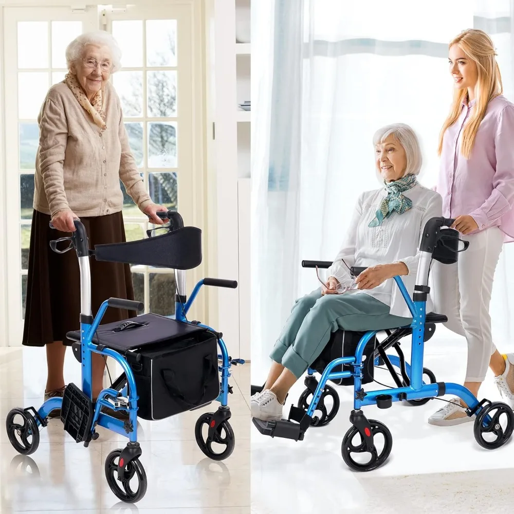 2 in 1 Rollator Walkers for Seniors with Padded Seat- Medical Transport Chair Walker with Adjustable Handle