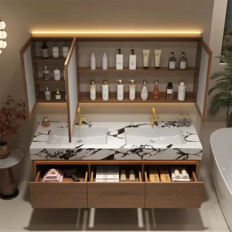 Modern Bath Room Floating Washstand Storage Cabinetry Set Double Sink White Oak Solid Wood Wall Hung Bathroom Vanity Cabinet