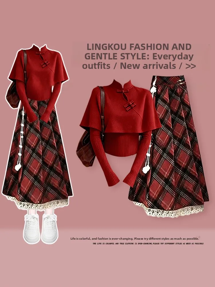 

Anti-Aging Autumn Winter Knitted Sweater Set Women's New Year Robe with Plaid Skirt And awl Tee-Piece Faionable Ensemble