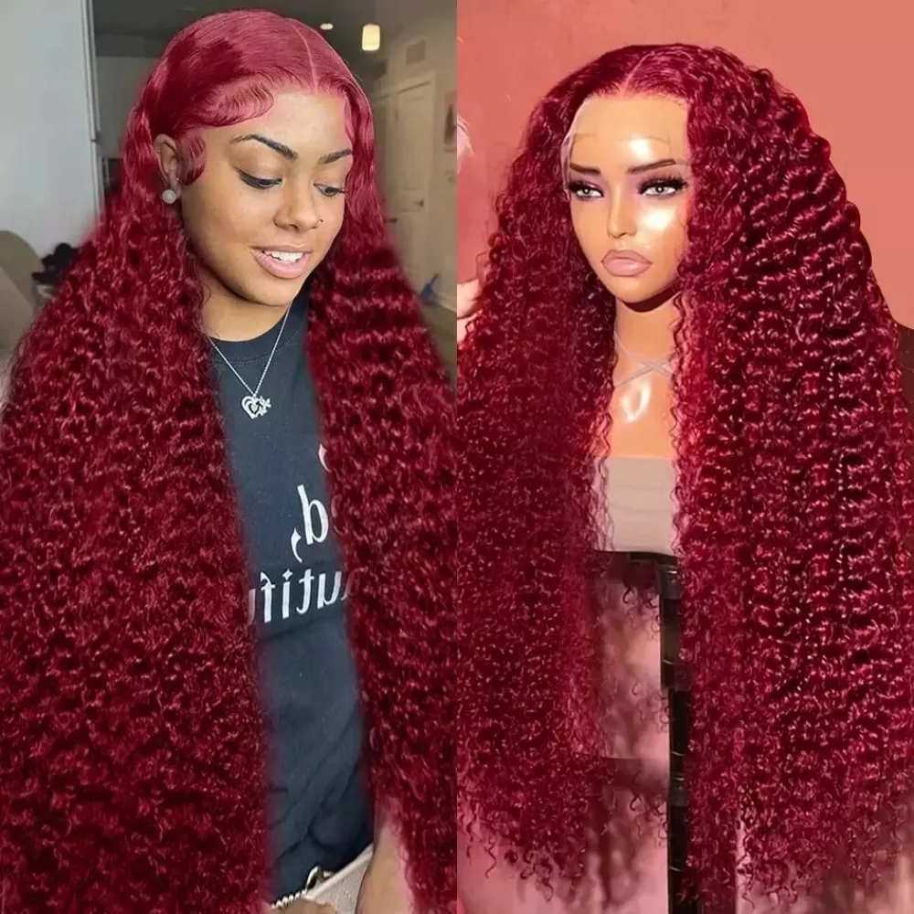 

36 Inch 99J Burgundy Deep Wave Lace Front Wig Human Hair 13x6 HD Transparent Lace Frontal Wig Pre Plucked Red Colored Curly Wig