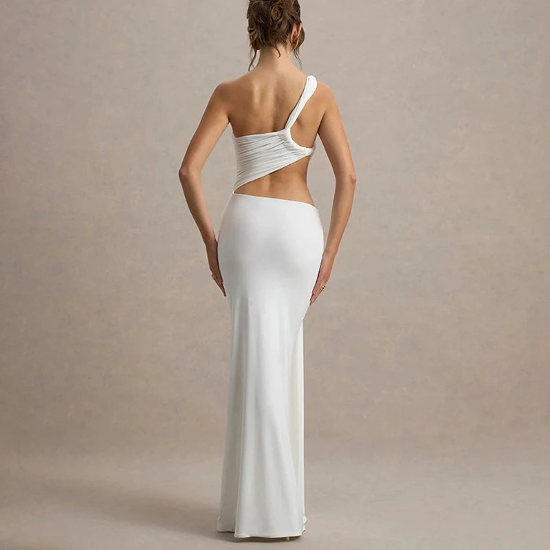 Sexy Hollow Out Pleat Beach Cover-up Dress Fashion One-shoulder Solid Color Evening Dress Elegant Sleeveless Bodycon Long Dress