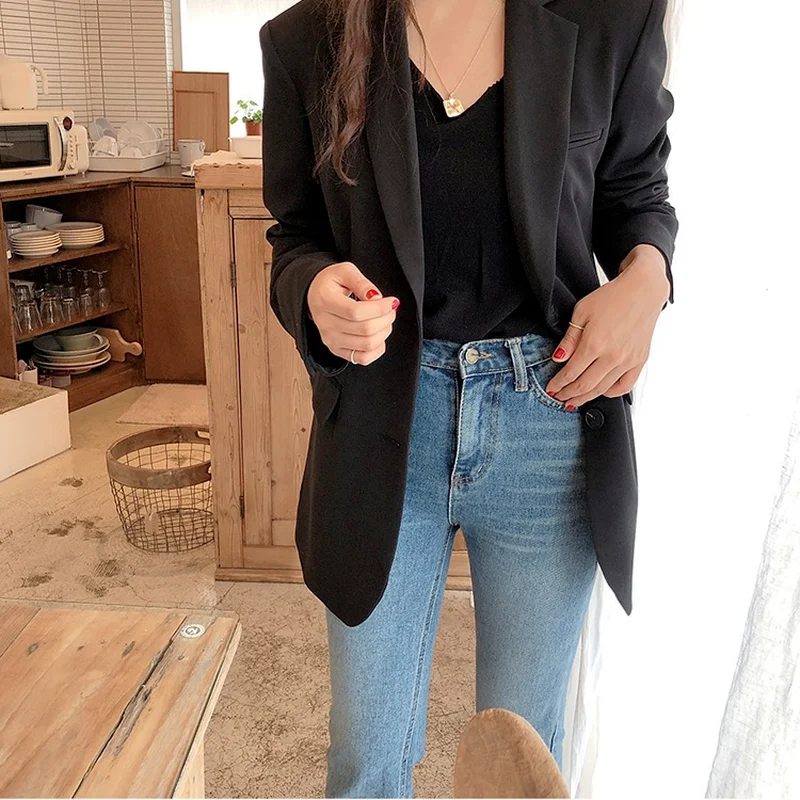 Korea Style Women Casual Blazer Grey Solid Colors Single Breasted Loose Suit Woman Spring Fashion Office Work Long Sleeve Blazer