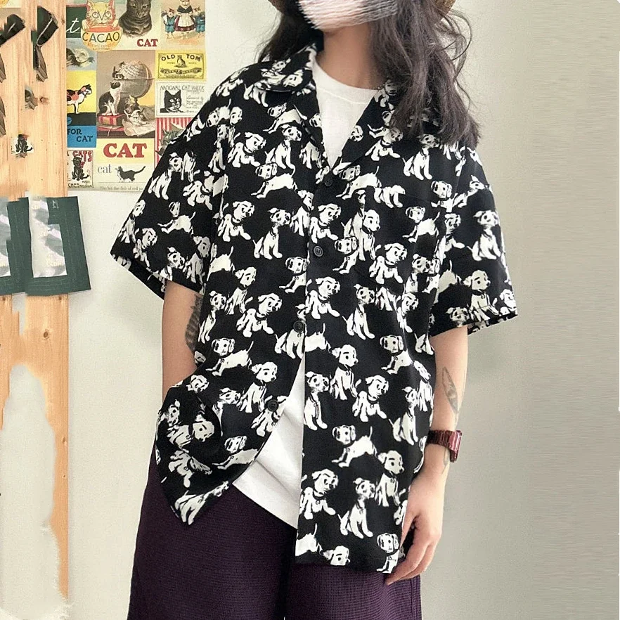 Korean Chic Brand Fashion Puppy Dogs Graphic Shirts for Men Retro Streetwear Oversized Y2K Blouse Summer Short Sleeve Lapel Tops