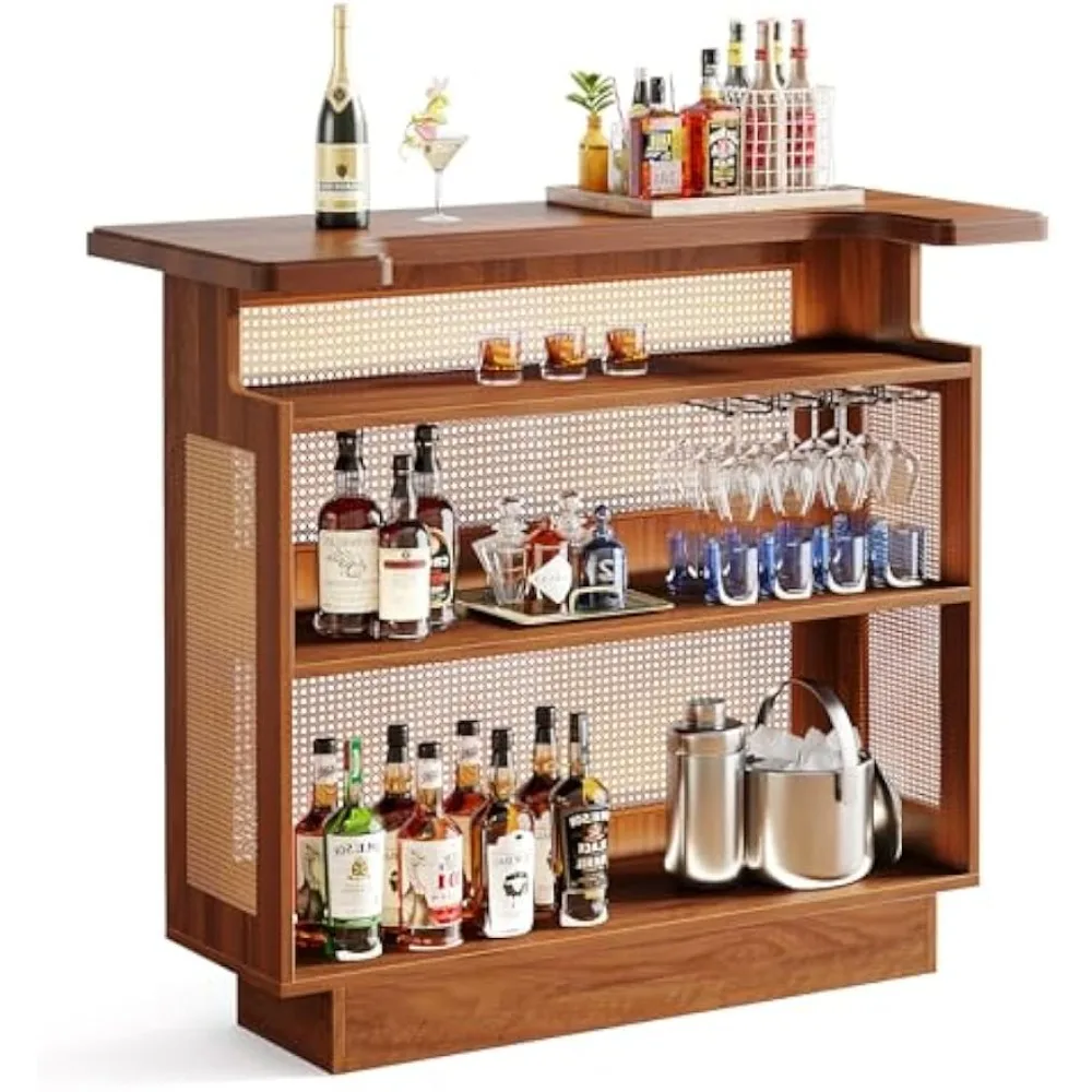 

Rustic Home Bar Unit, Rattan Table with 4 Tiers Storage, Liquor Wine Cabinet Mini Bar Table for Home Pub Entertaining,