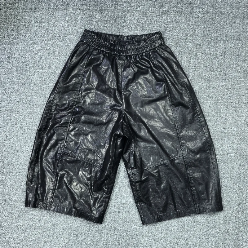 

Winter New Women's Loose Wide Leg Pants Oil Wax Leather Elastic Waist Casual Trousers Seven-Foot Length Leather Skinnies