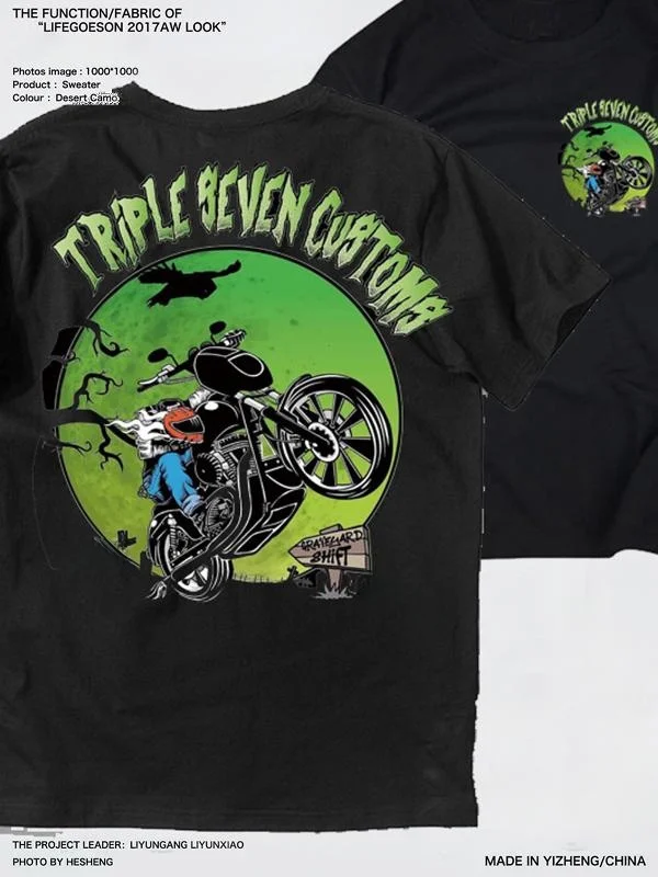 American Retro West Coast Skull Motorcycle Rider Style Men's Short Sleeve T-Shirt Pure Cotton Heavyweight round Neck Tee