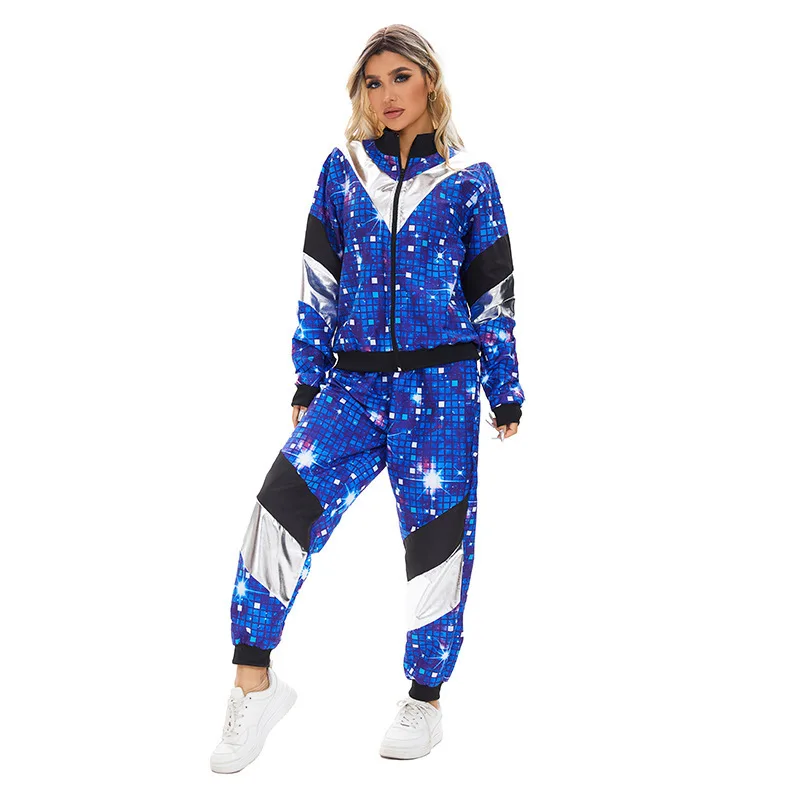 Wholesale High Quality Hip Hop Singer Cosplay shinny blue Sports Suit Costume for adult Carnival Party hippie