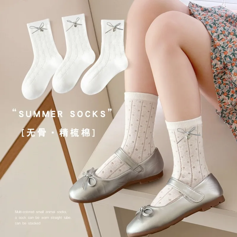

3 Pairs Girls' Summer Long Socks Preppy Style Bow Summer Solid Mesh Thin Socks Lace Princess Lolita Stocking Thigh Socks Gifts