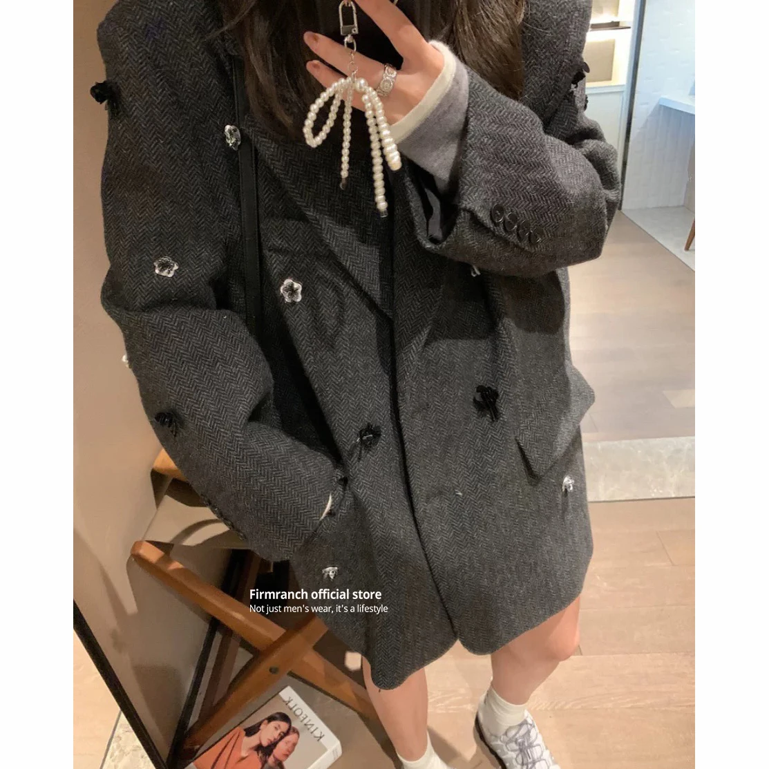 Firmranch 2024 New Tailored Suit Jackets For Women Spring Autumn Woollen Coat With Sequin Flowers Single-breasted Blazers