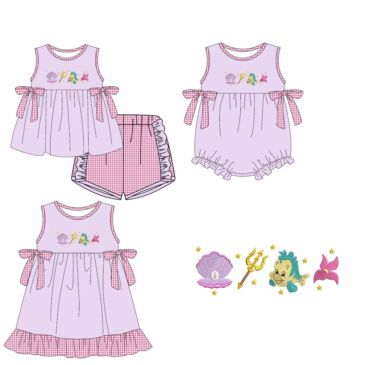 

New boutique children's suit sleeveless cartoon castle print bow plaid shorts girl suit baby jumpsuit dress 3-piece set