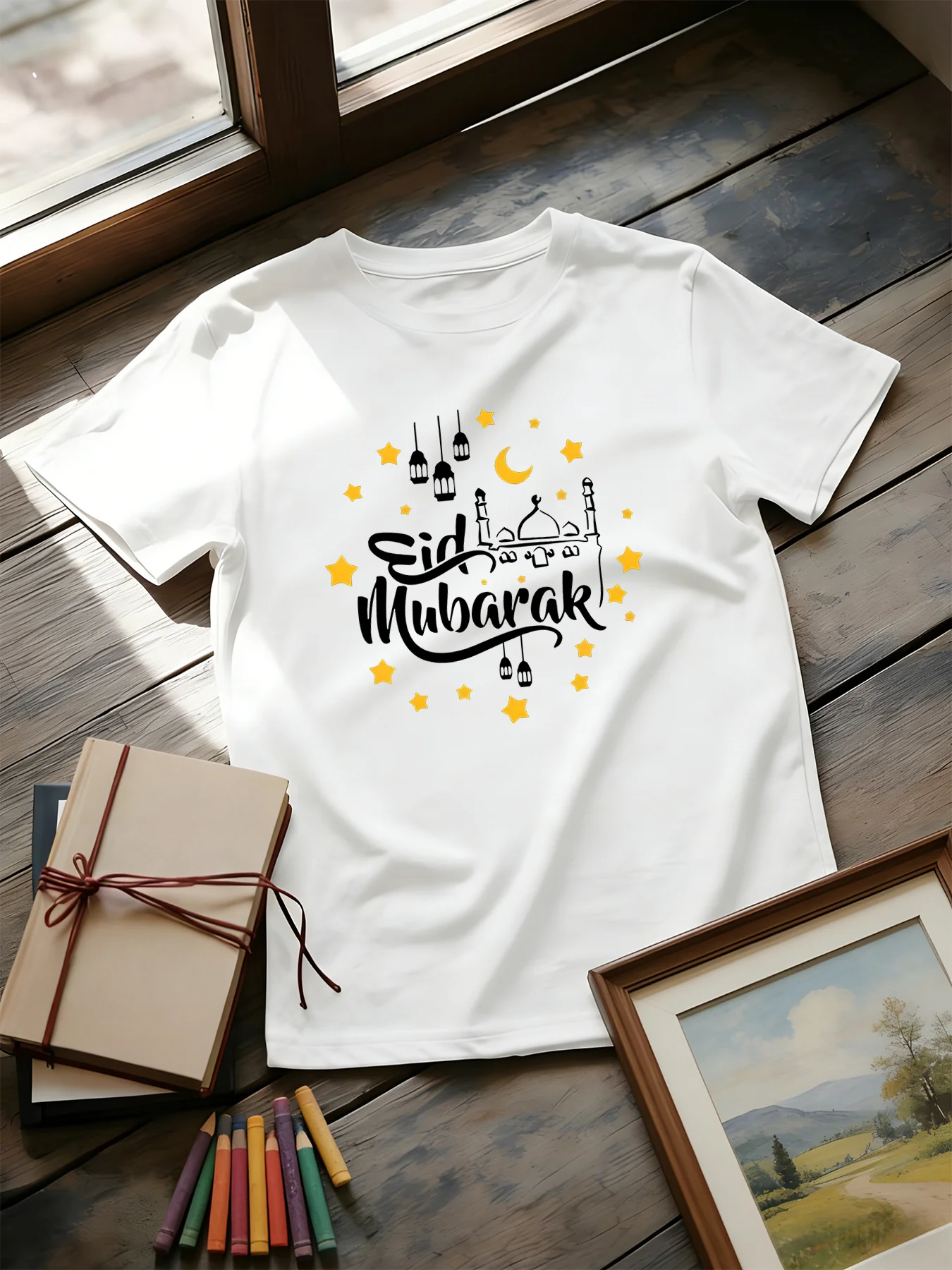 Eid Mubarak Kids Tee Boys Girls Moon Star Mosque Lantern Short Sleeve T Shirt Children Casual Top Islamic Holiday Gift For Kid