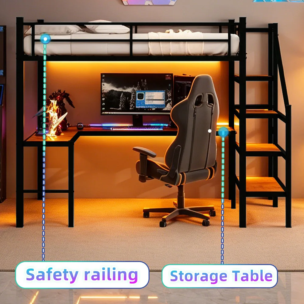90x190cm Hohes Hochbettgestell mit L-förmigem Schreibtisch, platzsparendes Einzel-Hochbett mit Treppe, durchgehenden Sicherheitsgeländern, geräumigen Ablageflächen und Staufächern, stabiles Hochbett für Schlafzimmer, Teenager- und Erwachsenen-Schlafzimmermöbel – Detail 7