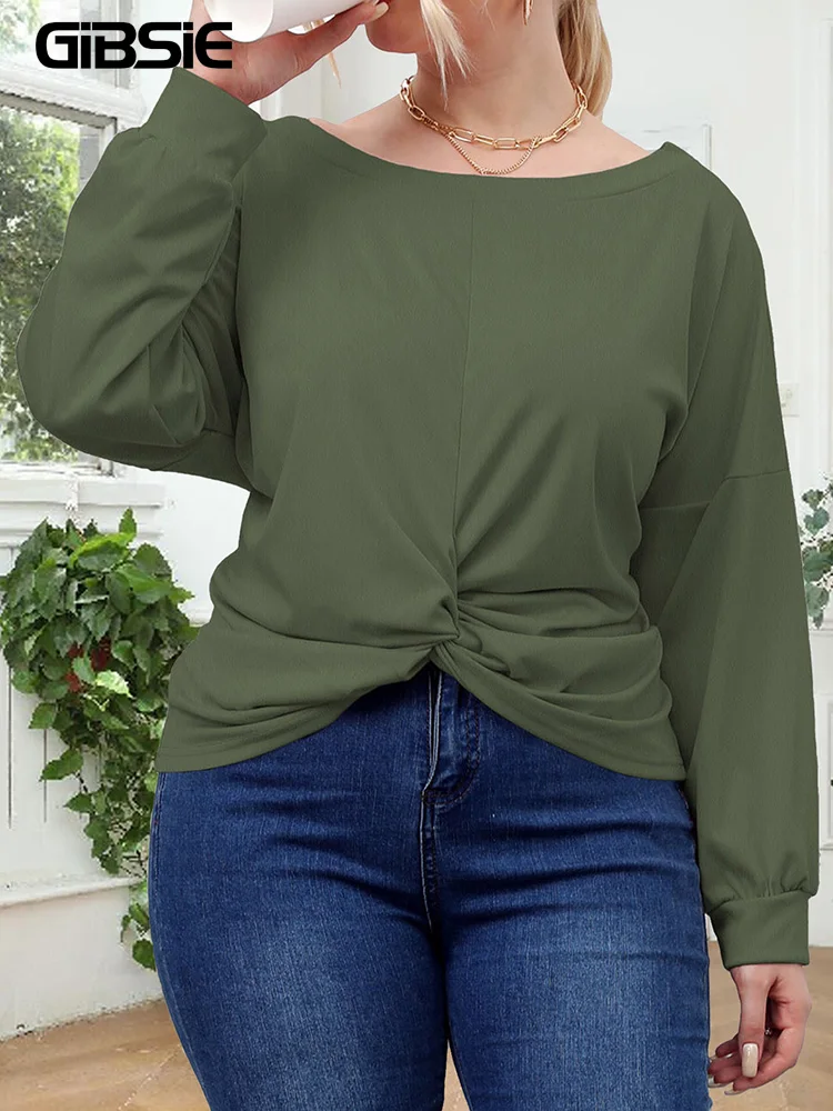 GIBSIE Plus Size Solid Twist Front Round Neck T Shirt Women New Autumn Fashion Long Sleeve Female Casual T-Shirts Top