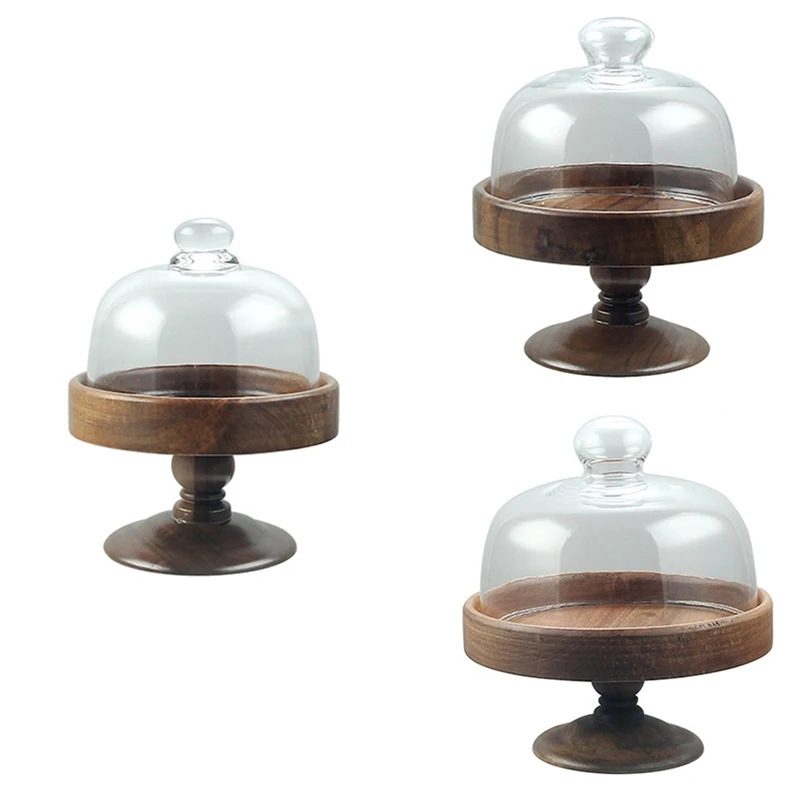 

AT02-Элегантная подставка для торта на высоких ножках со стеклянной крышкой — деревянная и стеклянная десертная тарелка, блюдо для димсам, тарелка для хлеба