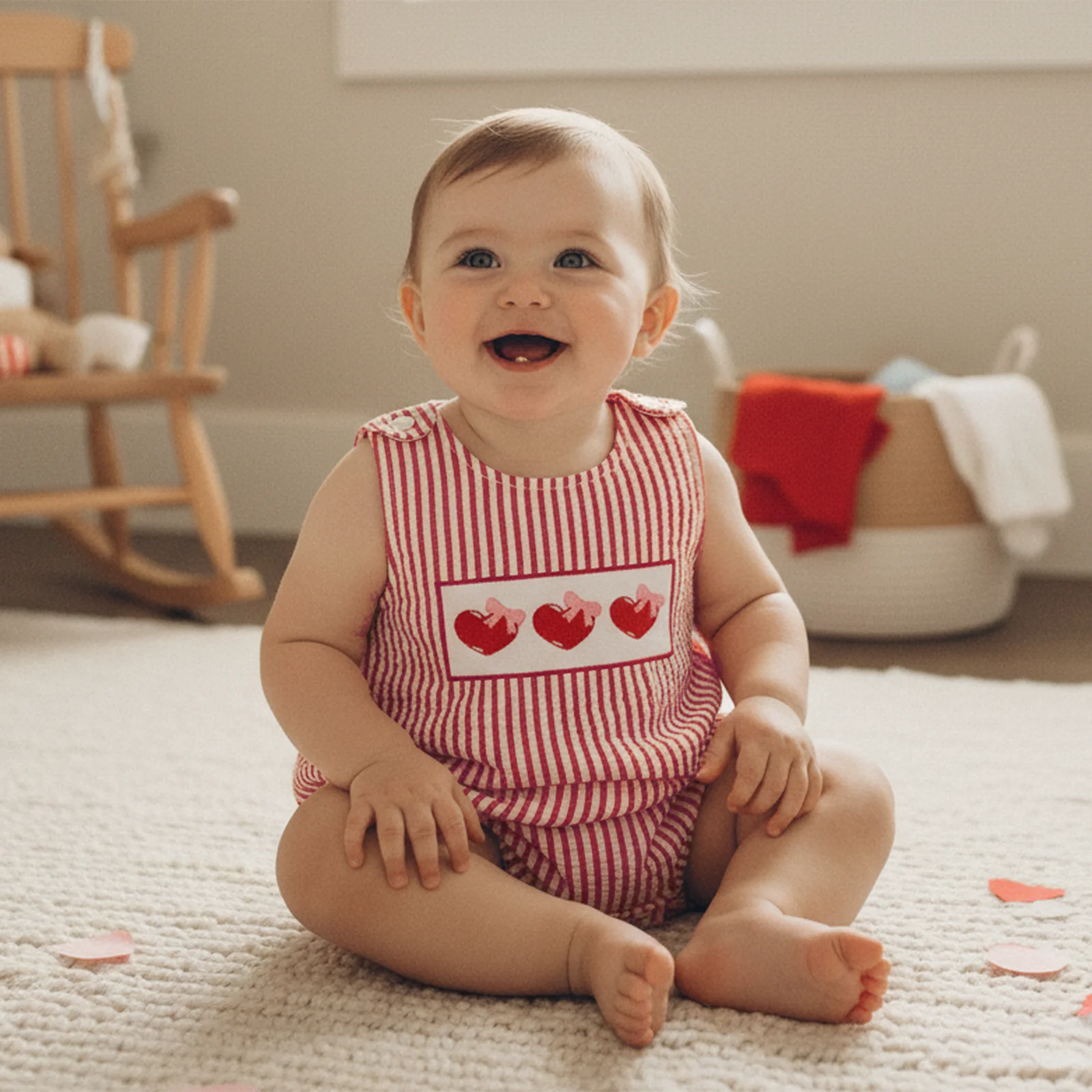 Baby Girl Summer Romper Loose Fit Bow/Love Heart Embroidered Striped Crew Neck Sleeveless Infant Jumpsuit
