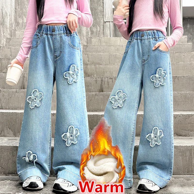

New Winter Children Warm Fleece Wide Leg Jeans with Flower Application for Tweens Girl Fashion Thick Insulated Denim Pants 5-14Y