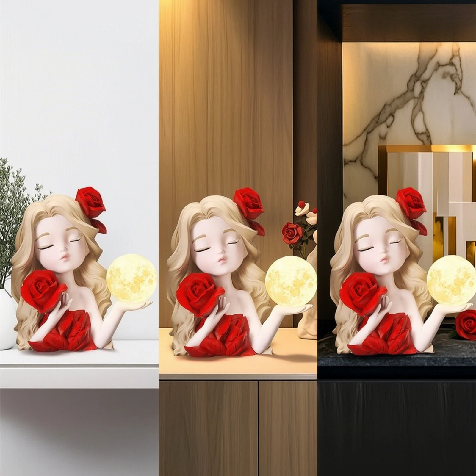 Girl Figurine with Lamp Decorative Resin Statue with Light Sculpted Ambient for Bedroom, Vanity