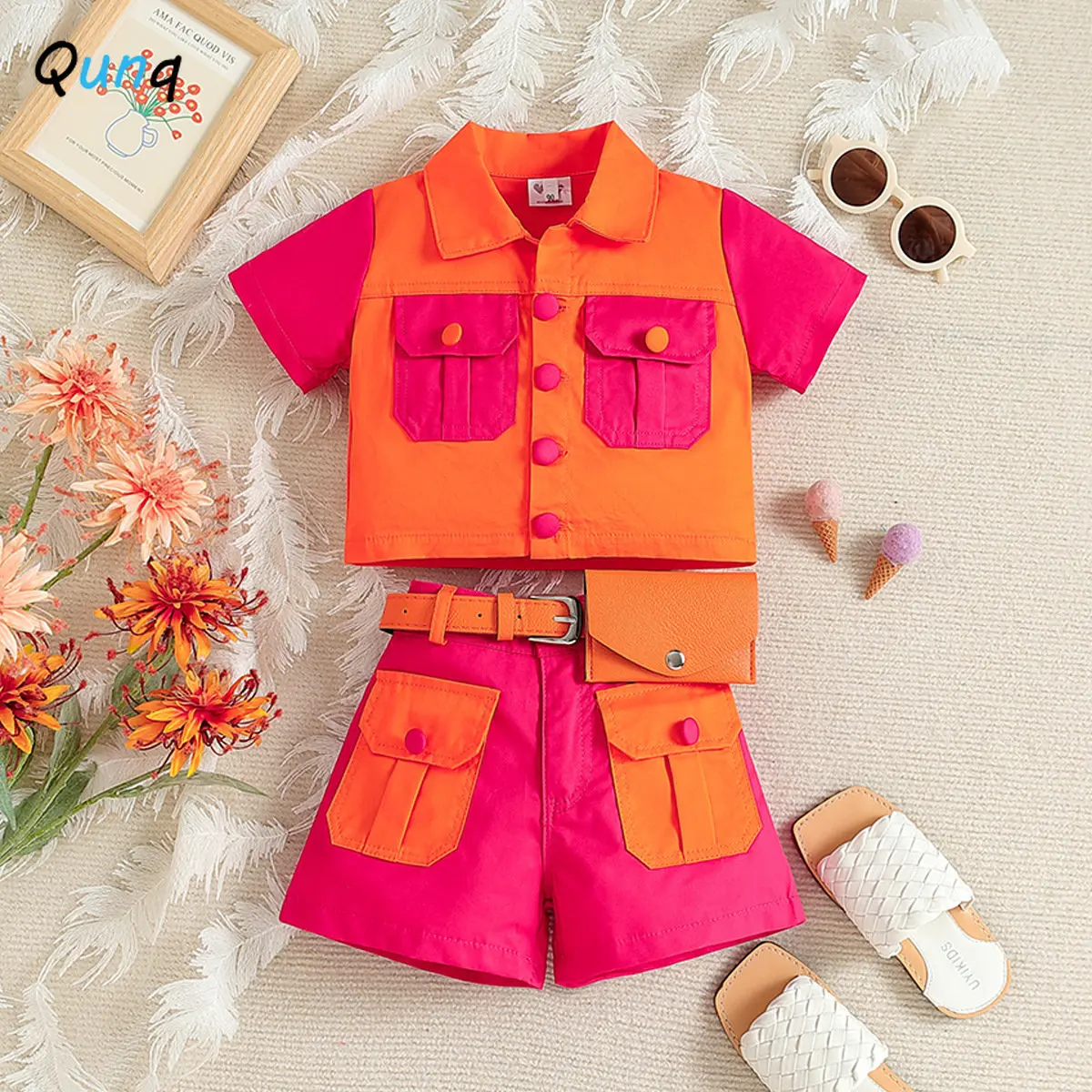 

Qunq 2023 Summer Girls Spliced Color Turn-Down Collar Single Breasted Top + Shorts 2 Pieces Set Casual Kids Clothes Age 3T-8T