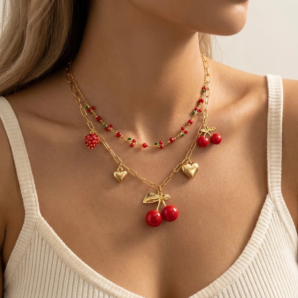 Y2K Süße Kirsch-Erdbeer-Mehrschichtige Halsketten für Frauen, Zierliche Niedliche Frucht-Schleifen-Anhänger, Schlüsselbein-Kette, Party-Schmuck Geschenke – Detail 4