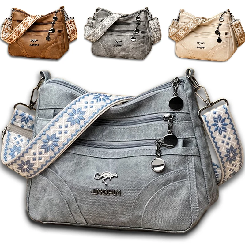 2026 spacious women's multi-pocket shoulder wallet retro soft leather messenger bag with ethnic pattern strap