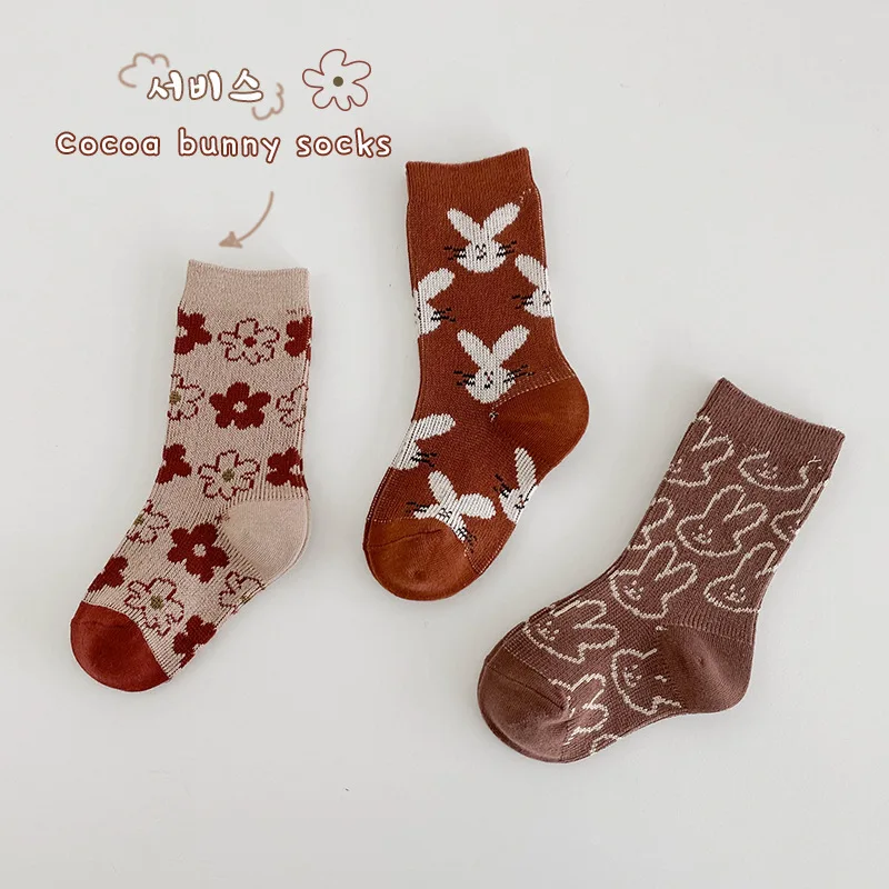 Autumn Winter Girls Socks Cartoon Bunny Pattern Double Cotton Warm Calf Socks Kids Baby Girls Socks 3 Pairs