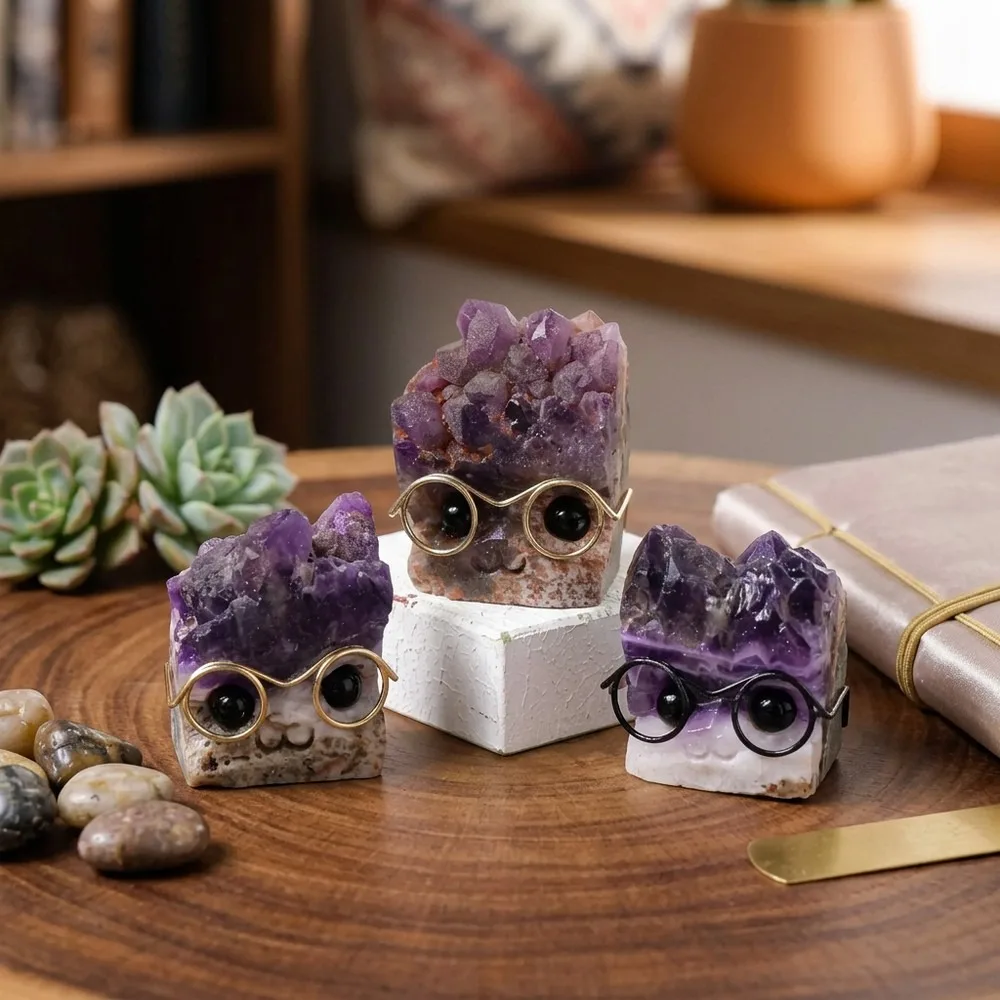 Natural Amethyst Crystal Cluster Hedgehog Desk Decor, Glasses Wearable Ornament for Home Office, Healing Crystal Craft