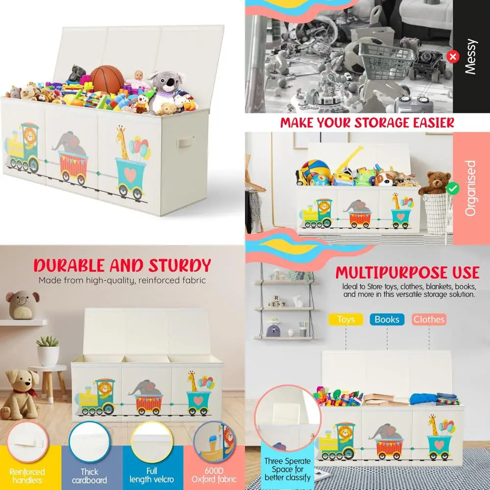 

Large Durable Collapsible Toy Storage Box with Lids, Animal Train Design, Perfect for Kids, 40x16x16, Modern Beige, High-Capacit