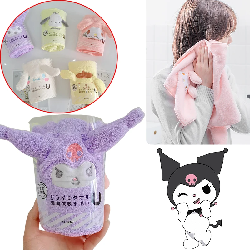 

35x75 см Sanrio Kuromi коралловое бархатное полотенце аниме персонаж детское водопоглощающее быстросохнущее полотенце для мытья лица для взрослых