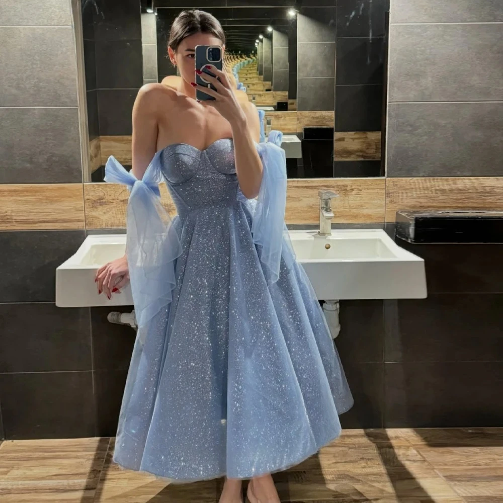 

Sequin Prom Dresses A-line Sweetheart Bow Strap Tea Length Birthday Party Gowns Vestidos De Fiesta Customized