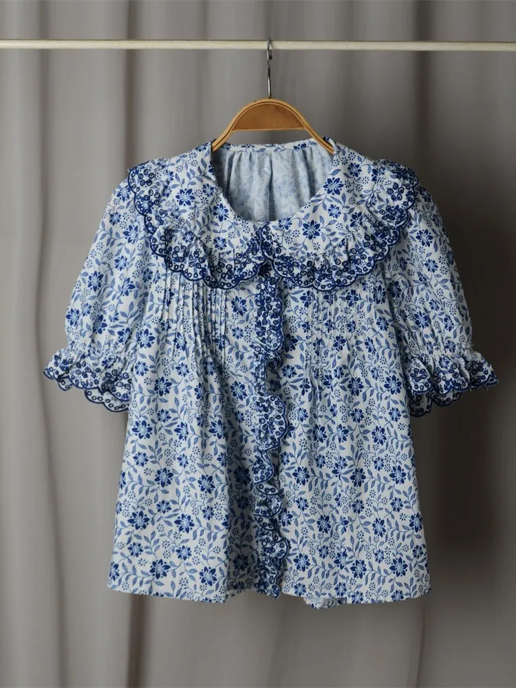 French Floral Print Shirt Ladies Ruffle Peter Pan Collar Puff Sleeve Blouses Holiday Femme Elegant Casual Chemises Top Summer