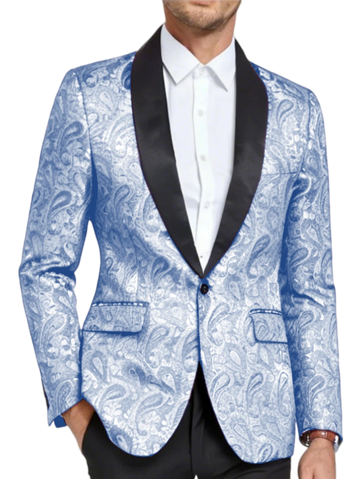 Blazer de smoking pour homme en jacquard Paisley brillant, coupe ajustée, revers châle, un bouton, v